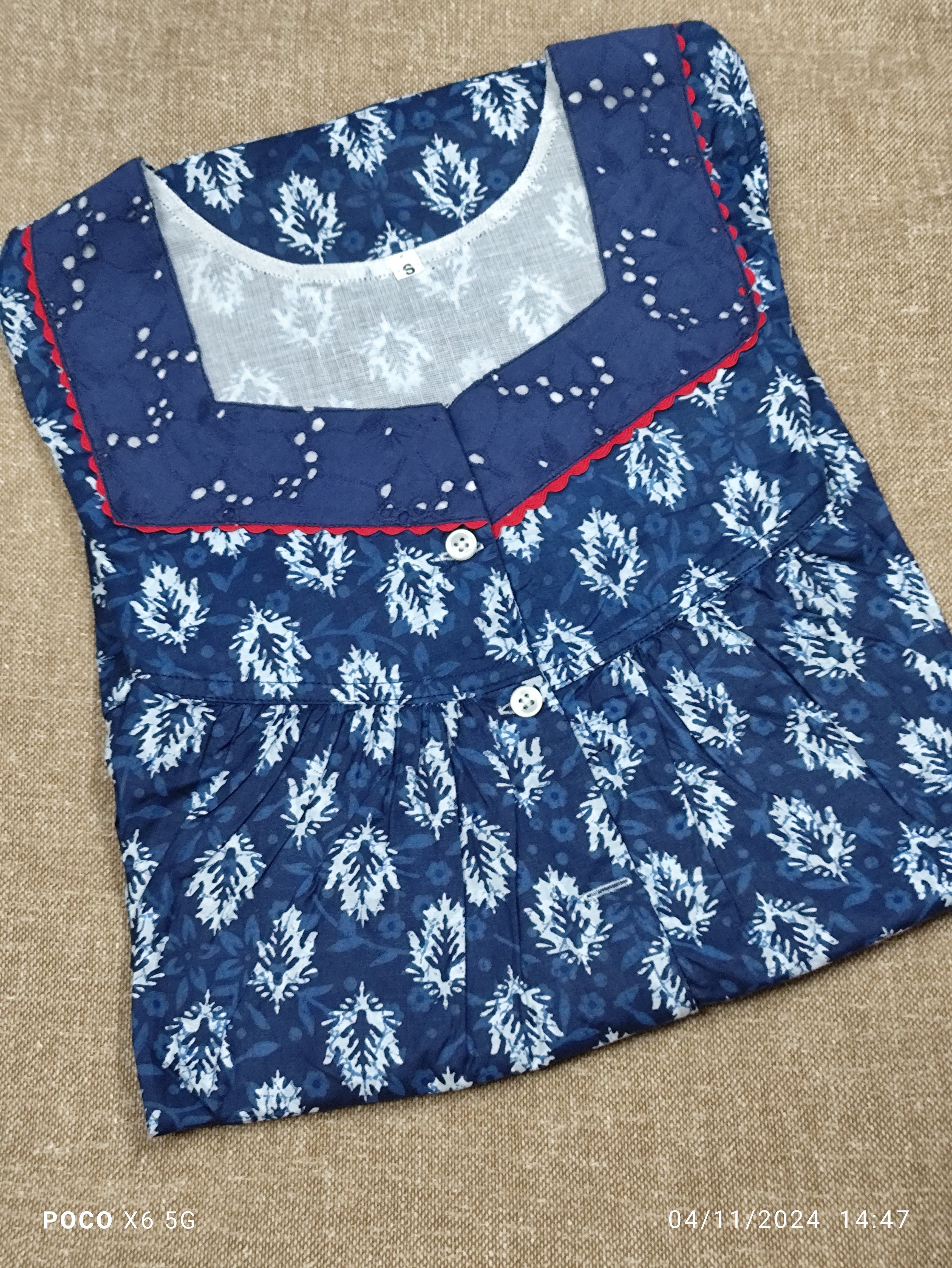 Cotton Pleated, With Pockets, Half Open Small Printed Nighty