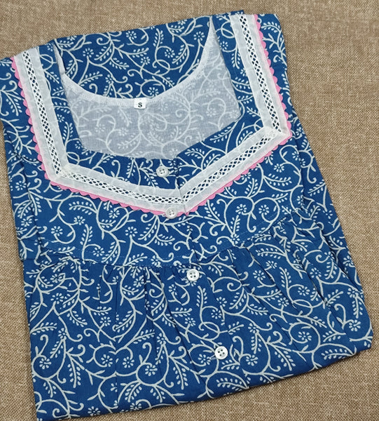 Cotton Pleated, With Pockets, Half Open Small Printed Nighty