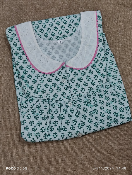 Cotton Pleated, With Pockets, Half Open Small Printed Nighty