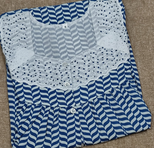 Soft Cotton Pleated, With Pockets, Half Open Small Printed Nighty