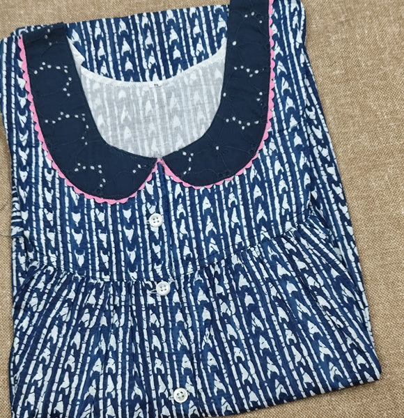 Soft Cotton Pleated, With Pockets, Half Open Small Printed Nighty