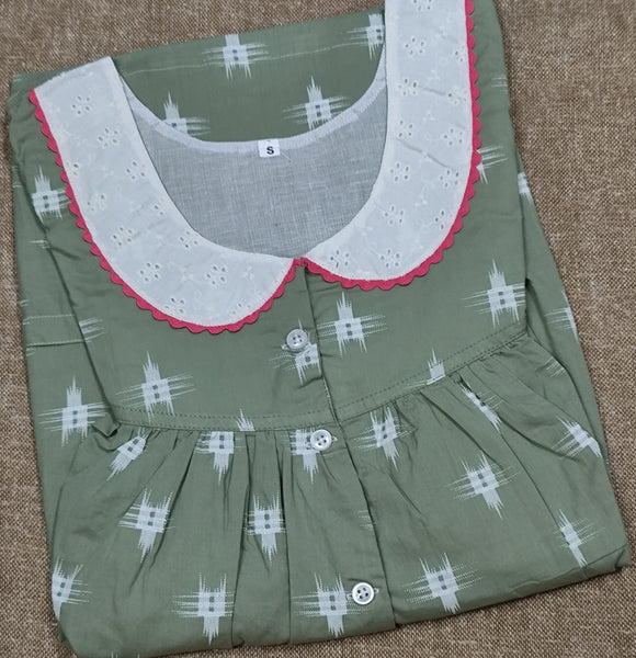 Soft Cotton Pleated, With Pockets, Half Open Small Printed Nighty