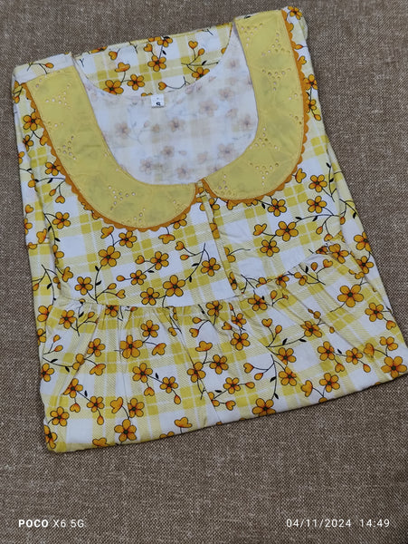 Soft Cotton Pleated, With Pockets, No Open Small Printed Nighty