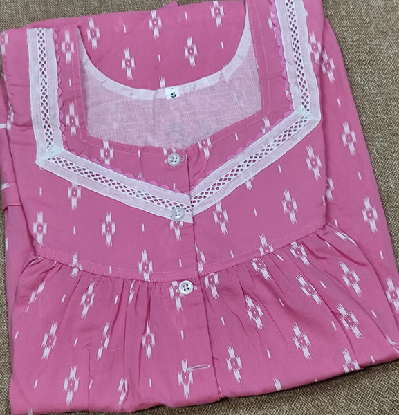 Soft Cotton Pleated, With Pockets, Half Open Small Printed Nighty