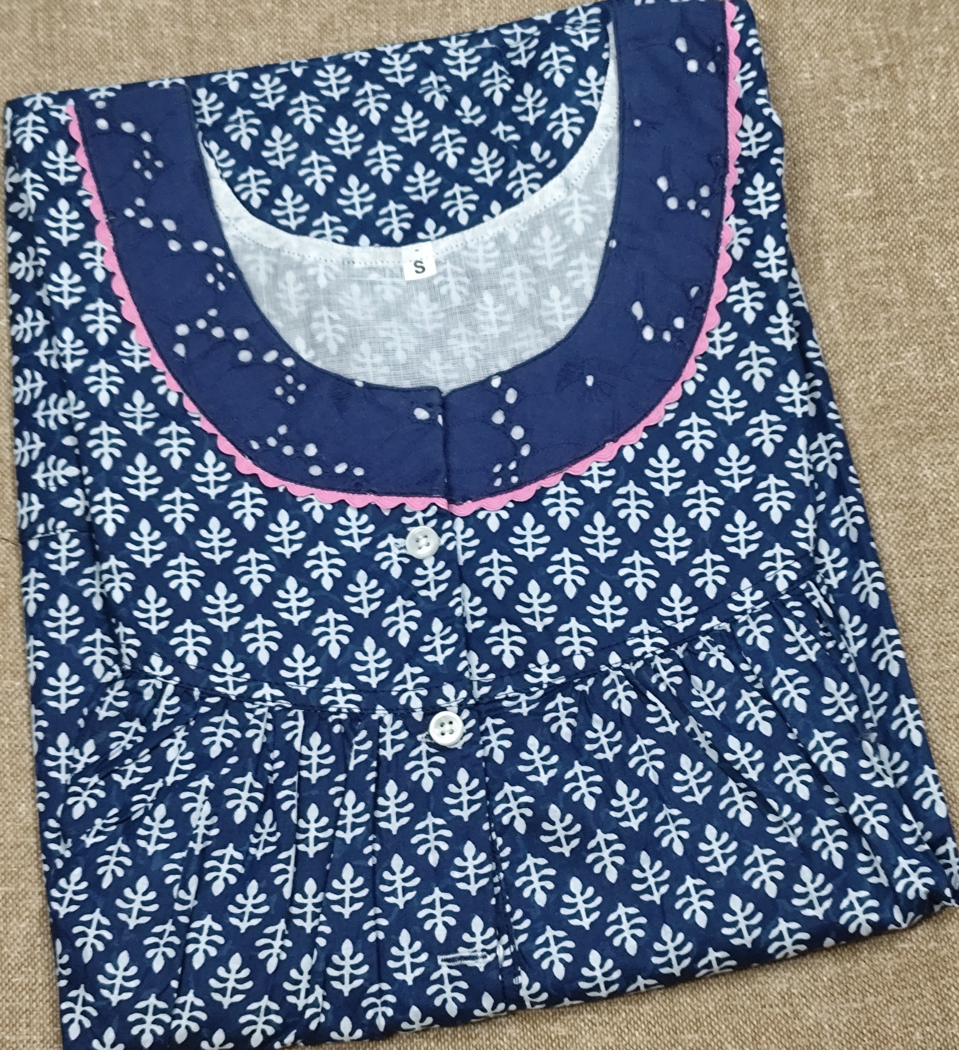 Soft Cotton Pleated, With Pockets, Half Open Small Printed Nighty