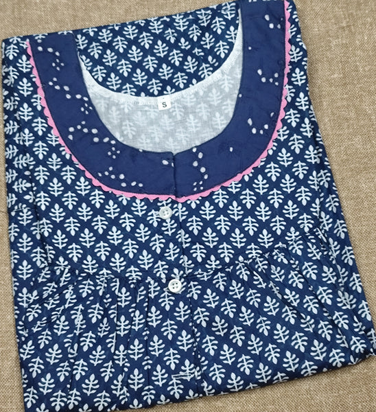 Soft Cotton Pleated, With Pockets, Half Open Small Printed Nighty