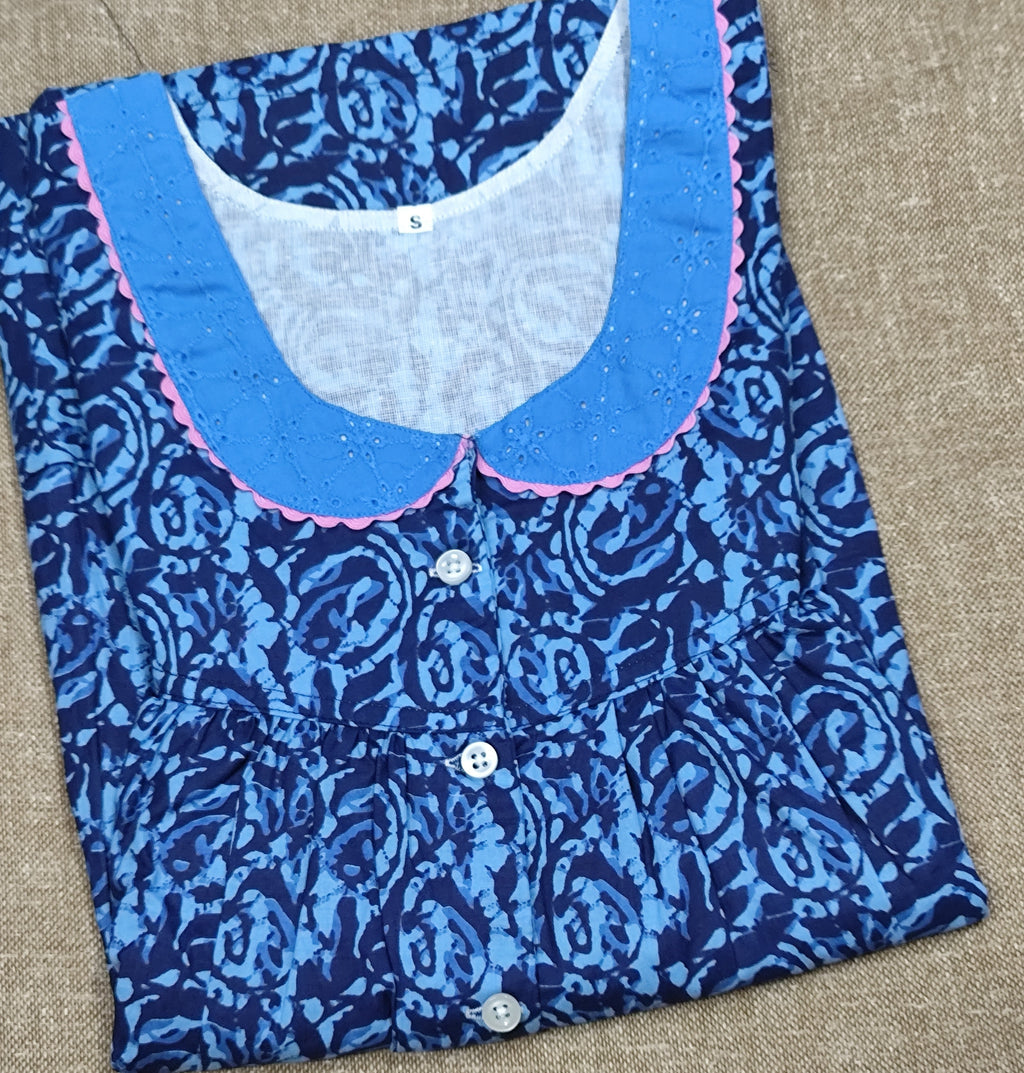 Cotton Pleated, With Pockets, Half Open Small Printed Nighty