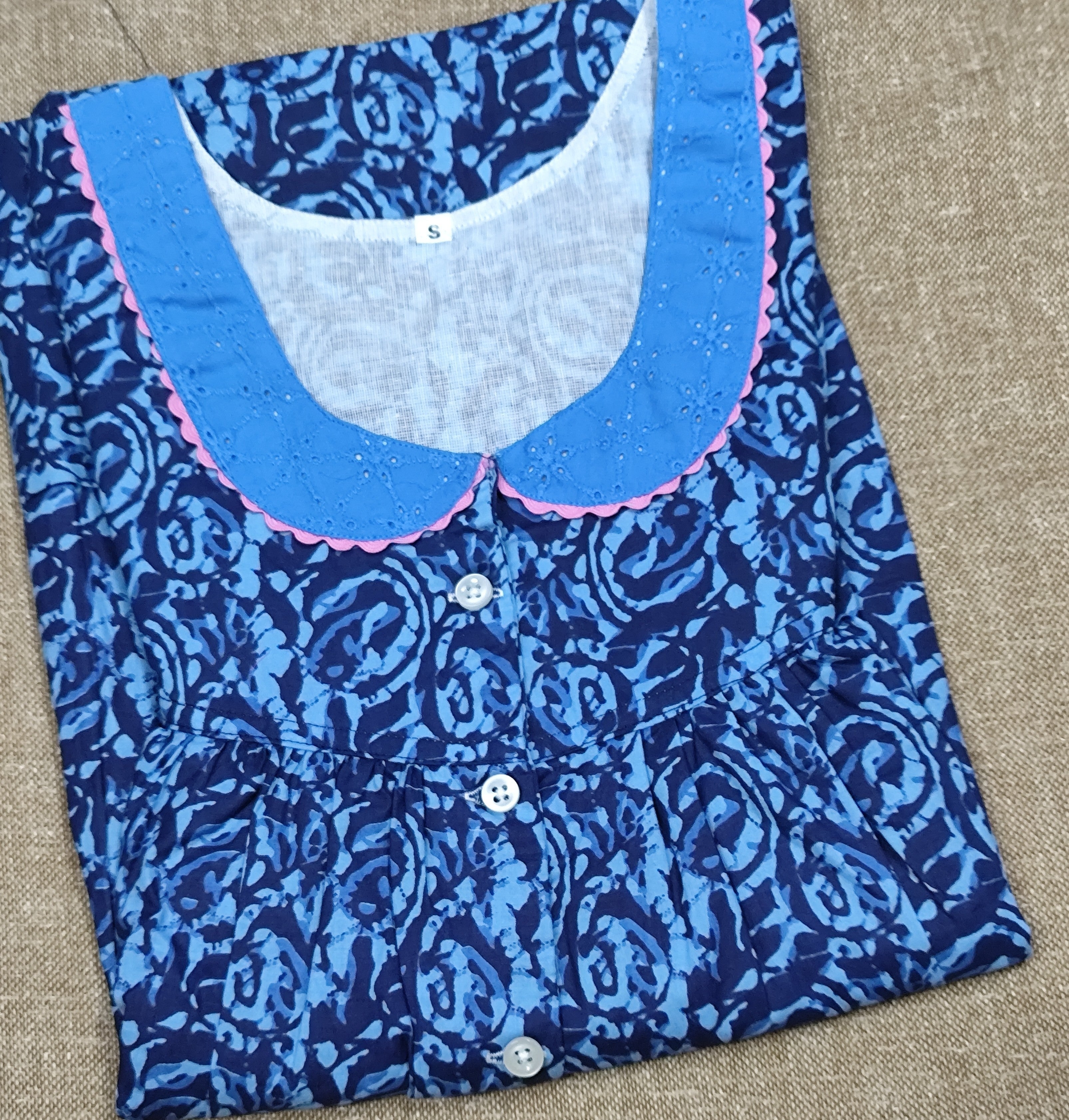 Cotton Pleated, With Pockets, Half Open Small Printed Nighty