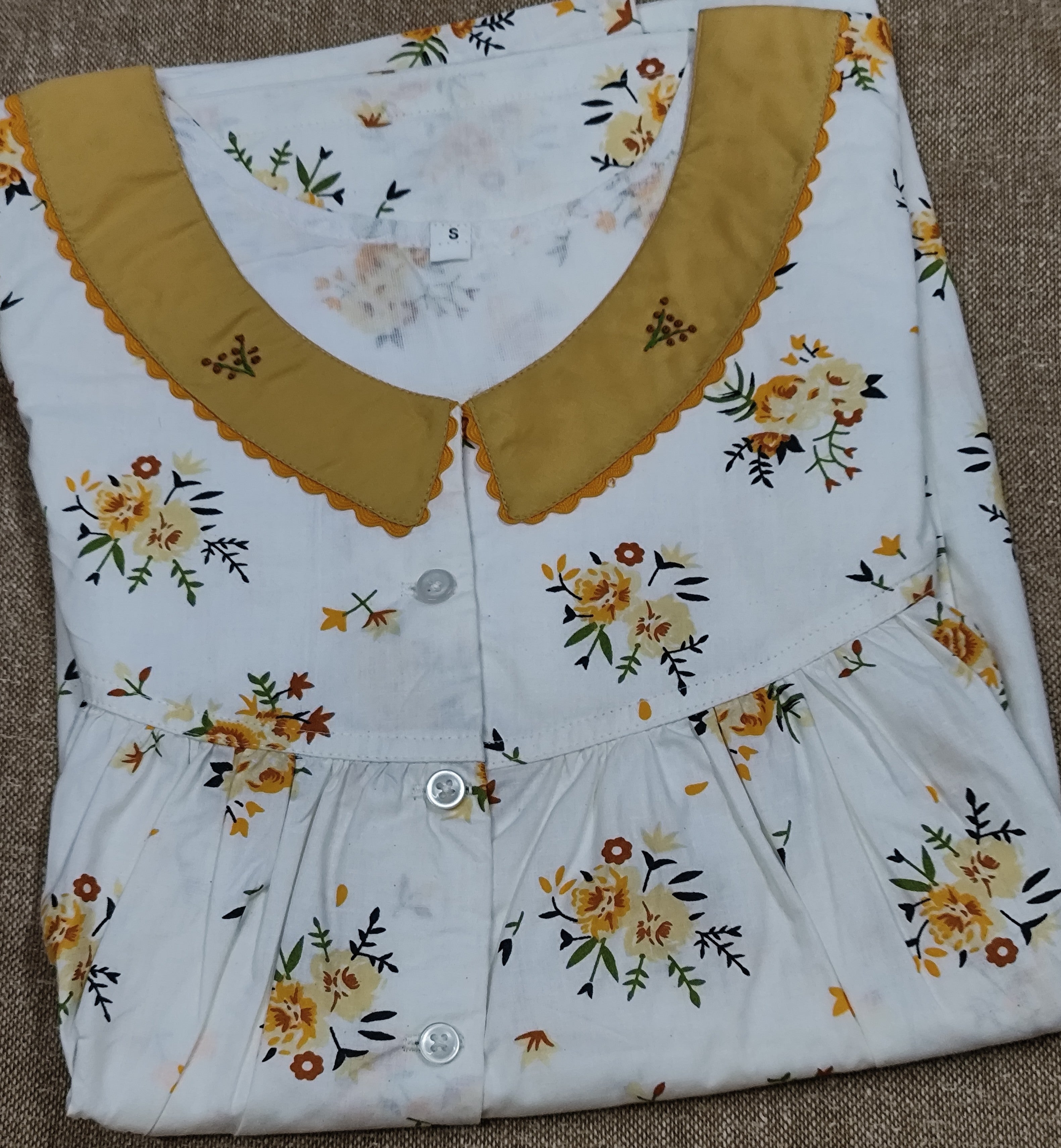 Cotton Pleated, With Pockets, Half Open Small Printed Nighty