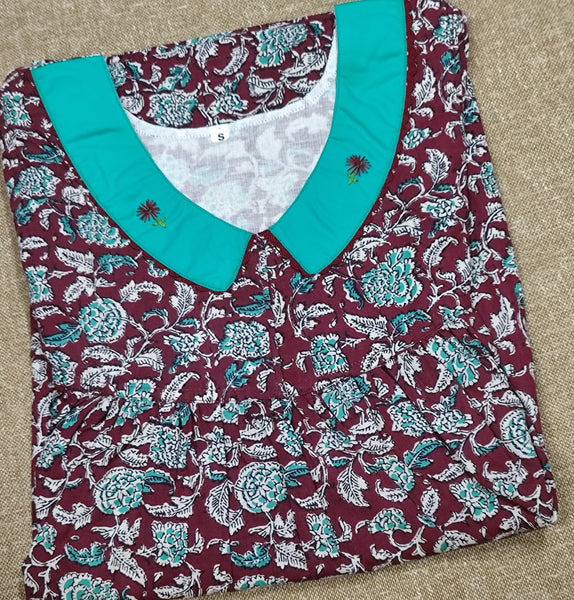 Cotton Pleated, With Pockets, No Open Small Printed Nighty