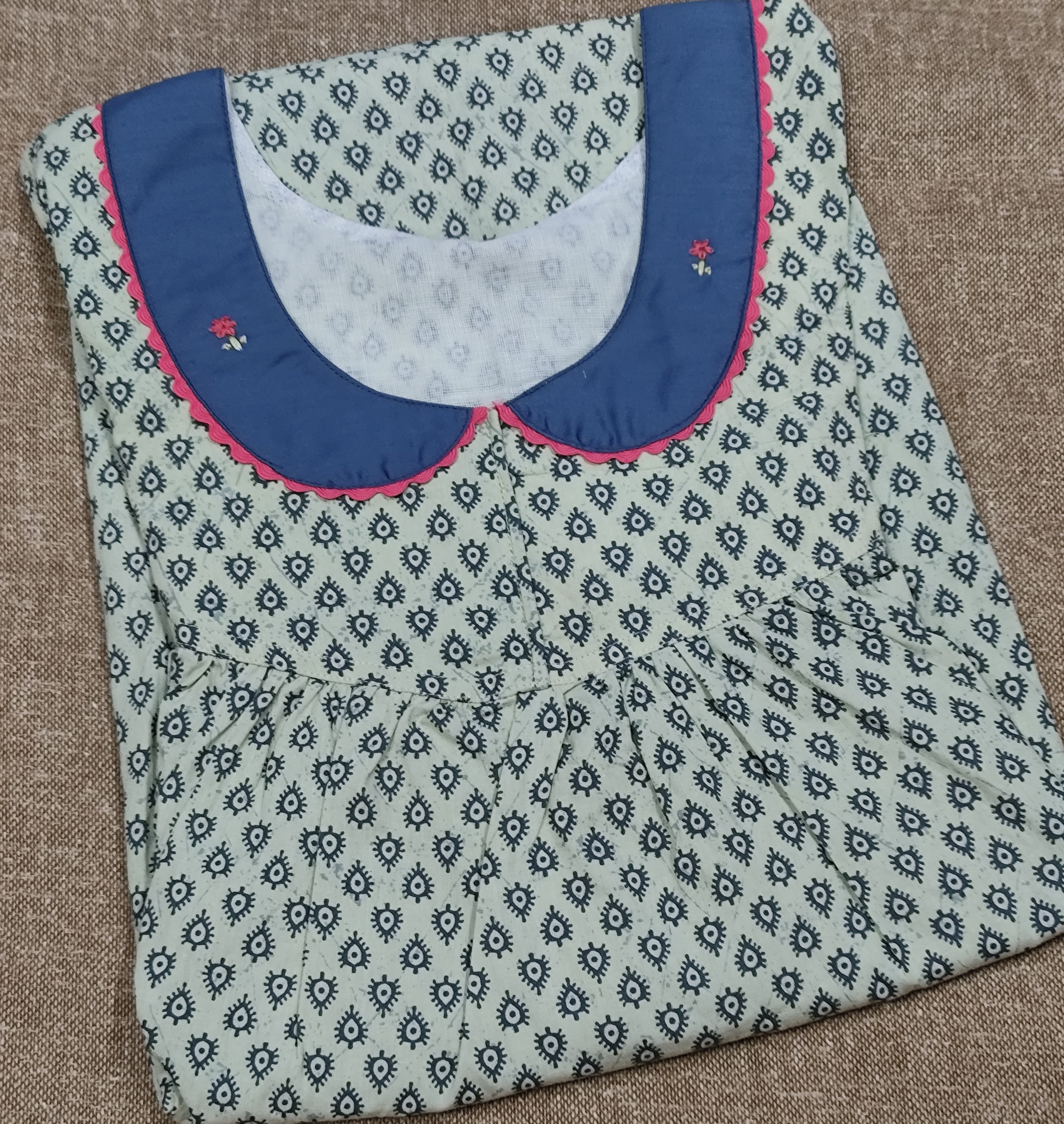 Cotton Pleated, With Pockets, No Open Small Printed Nighty