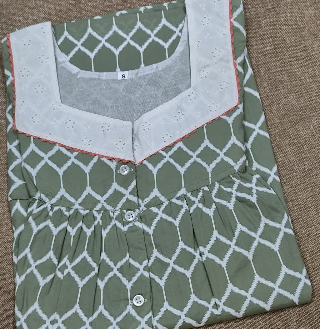 Cotton Pleated, With Pockets, Half Open Small Printed Nighty