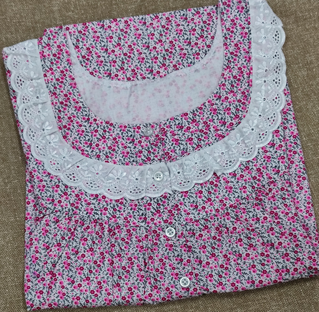 Cotton Pleated, With Pockets, Half Open Large Printed Nighty