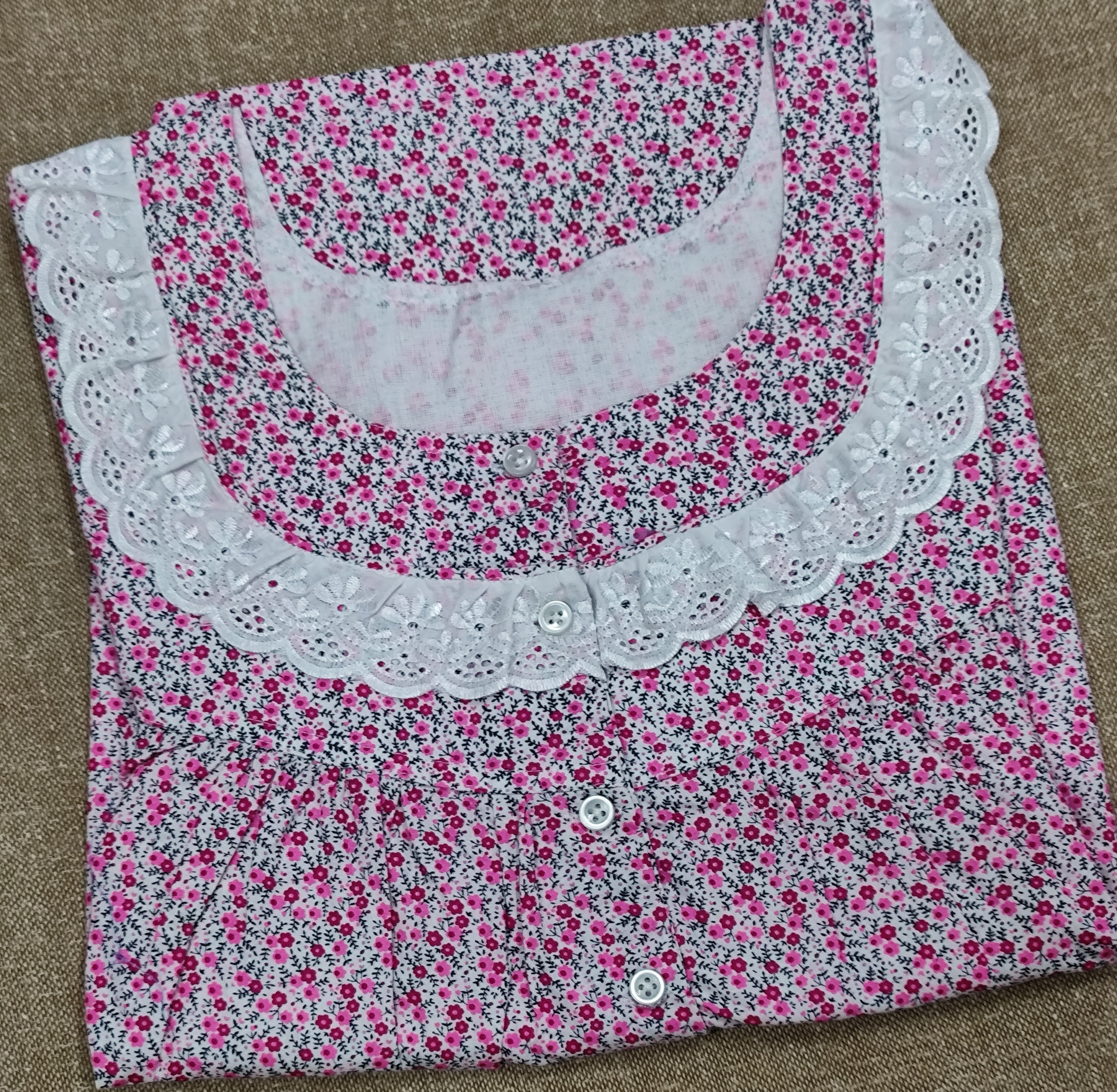 Cotton Pleated, With Pockets, Half Open Large Printed Nighty