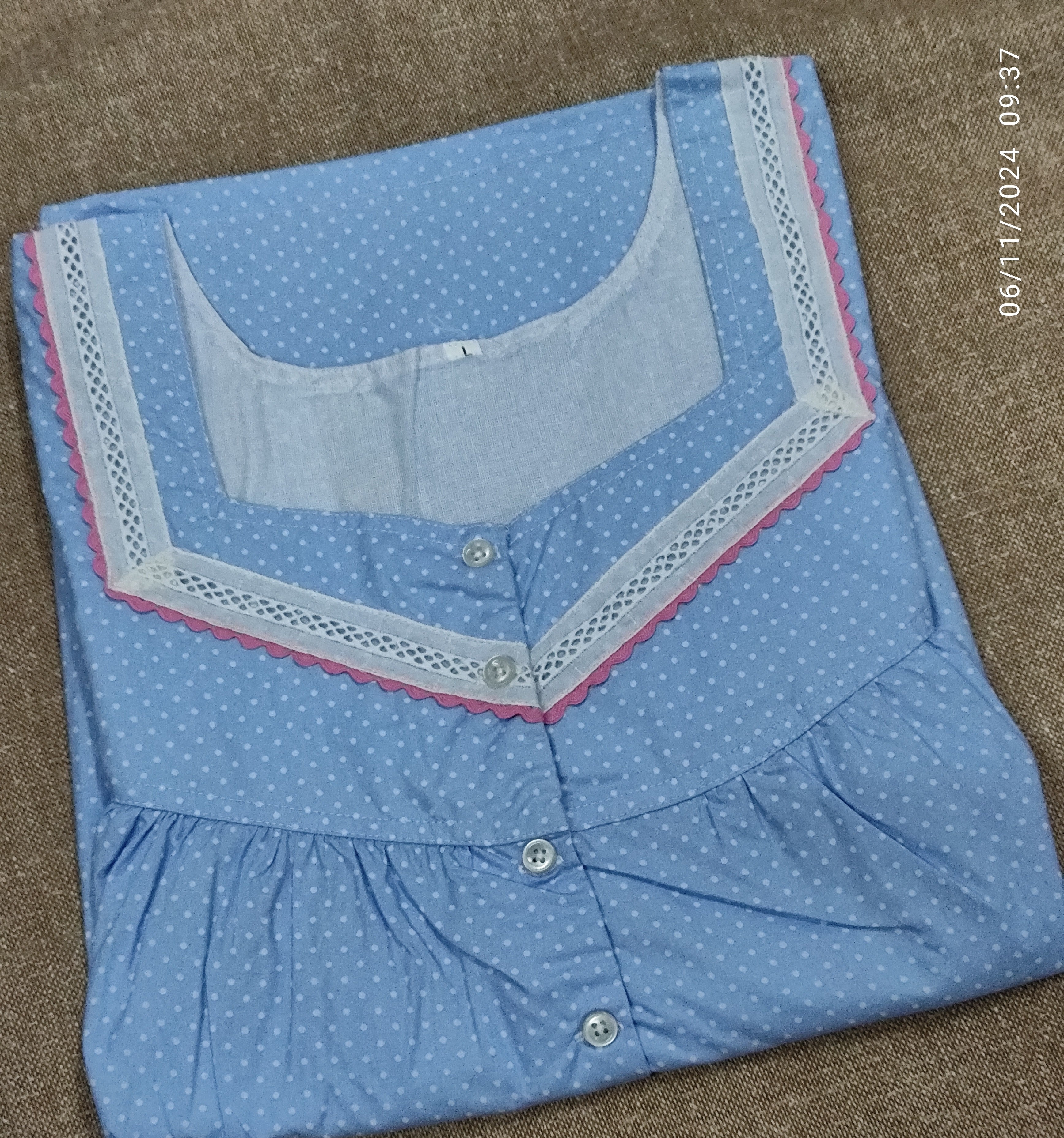 Cotton Pleated, With Pockets, Half Open Large Printed Nighty