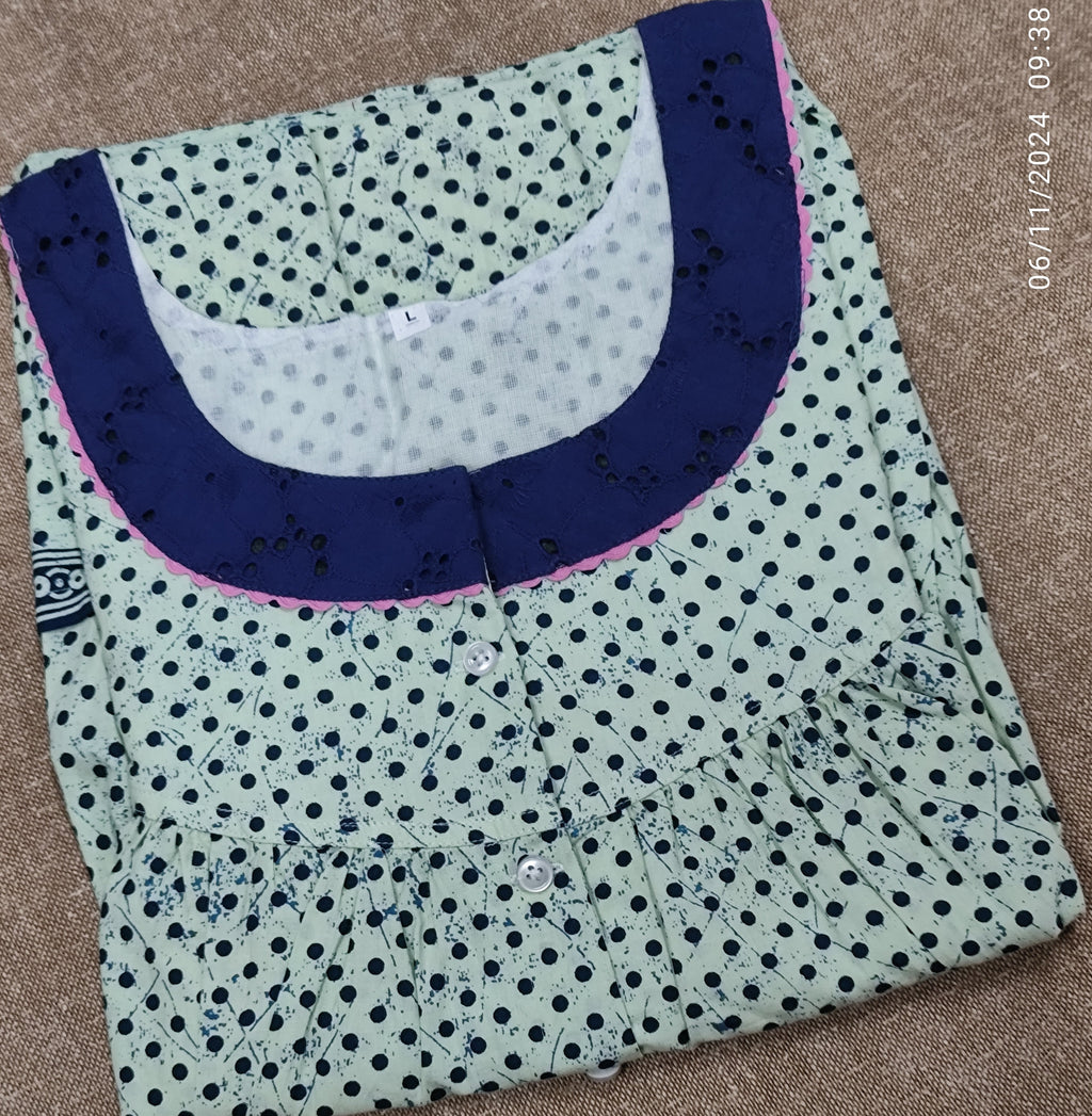 Cotton Pleated, With Pockets, Half Open Large Printed Nighty