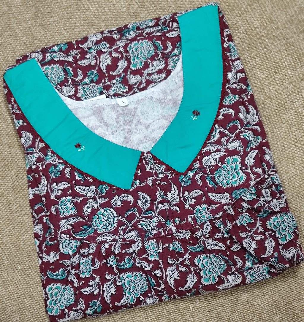 Soft Cotton Pleated, With Pockets, No Open Large Printed Nighty