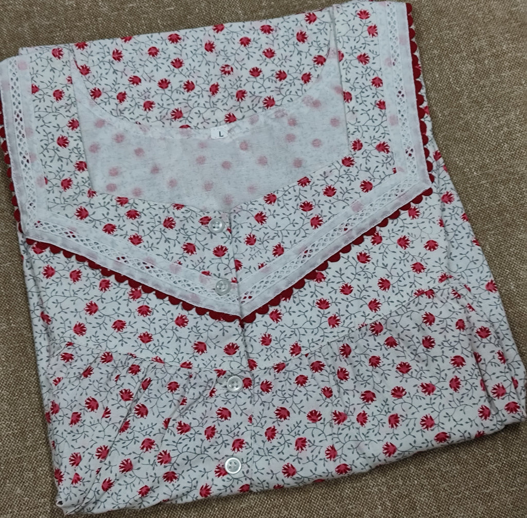Soft Cotton Pleated, With Pockets, Half Open Large Printed Nighty