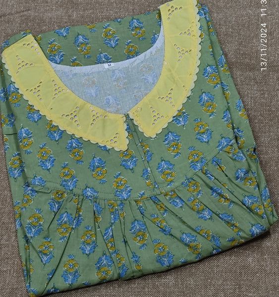 Soft Cotton Pleated, With Pockets, No Open Medium Printed Nighty