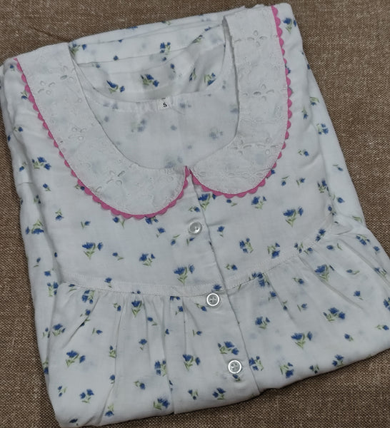 Soft Cotton Pleated, With Pockets, No Open Small Printed Nighty
