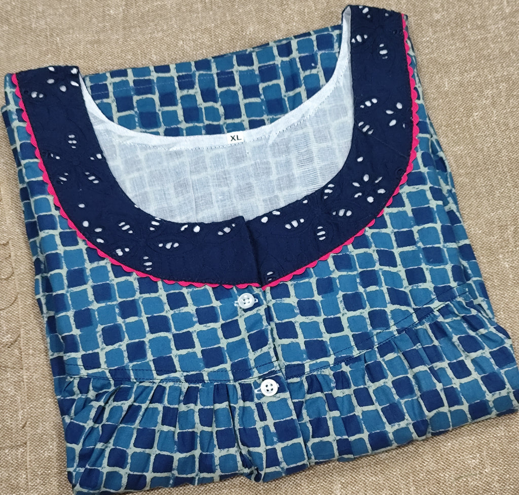 Cotton Pleated, With Pockets, Half Open Xlarge Printed Nighty