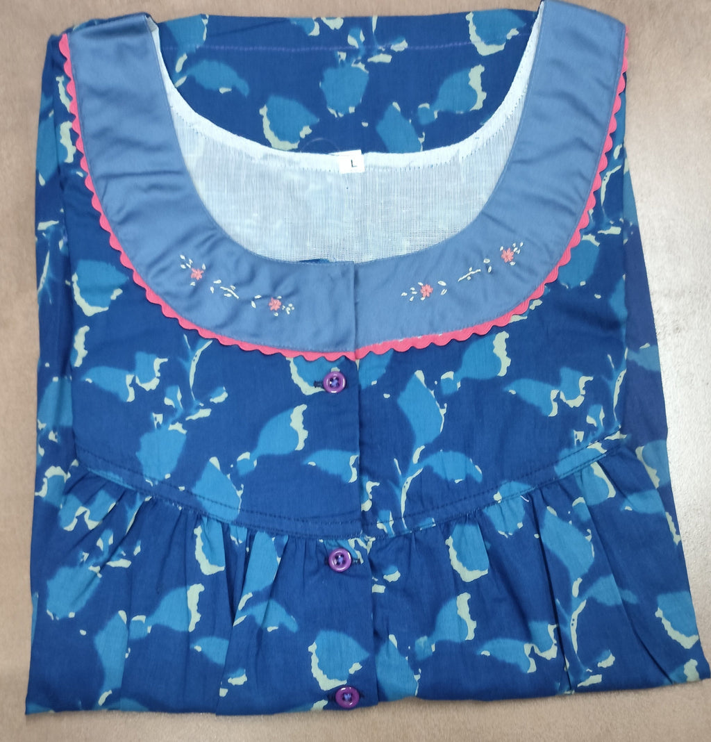 Soft Cotton Pleated, With Pockets, Half Open Large Printed Nighty