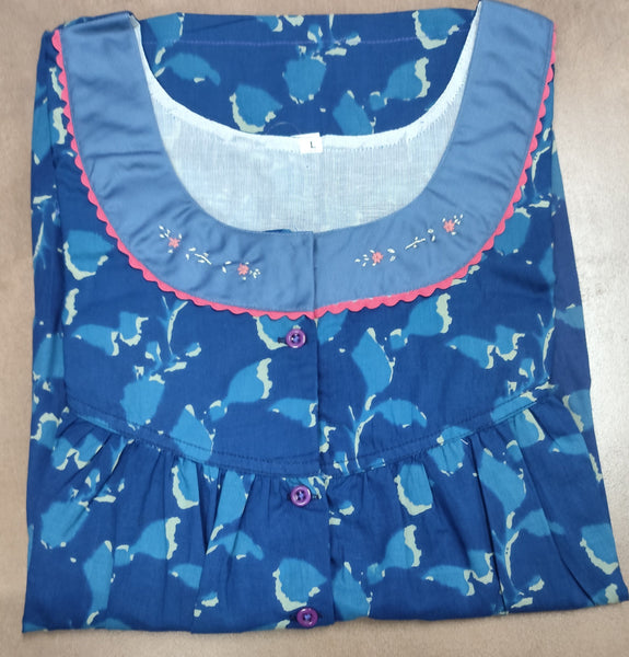 Soft Cotton Pleated, With Pockets, Half Open Large Printed Nighty
