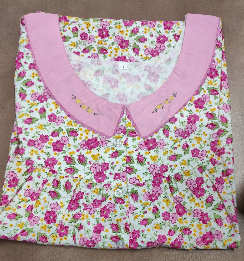 Soft Cotton Pleated, With Pockets, Half Open Large Printed Nighty