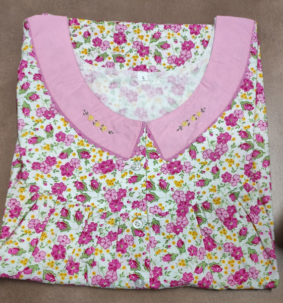 Soft Cotton Pleated, With Pockets, Half Open Large Printed Nighty