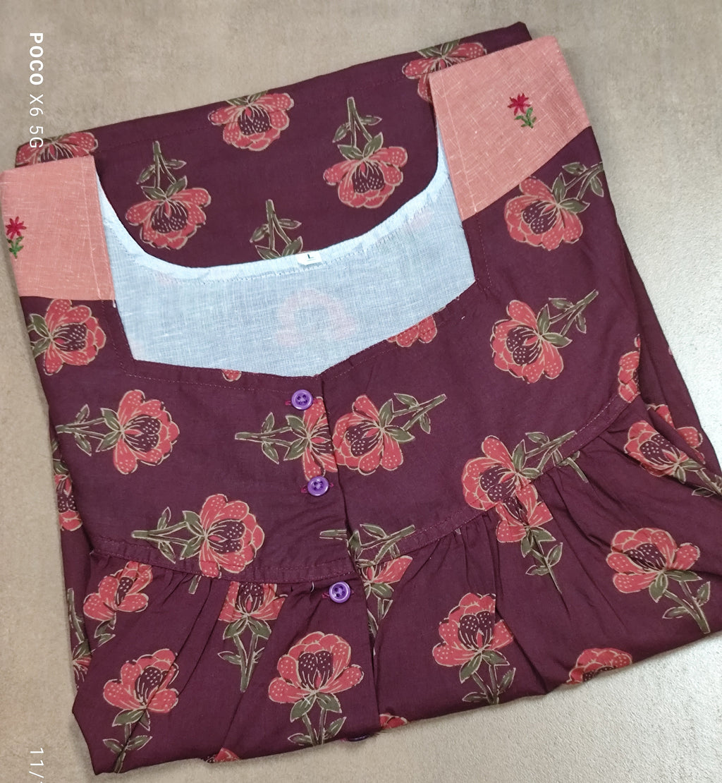 Soft Cotton Pleated, With Pockets, Half Open Large Printed Nighty