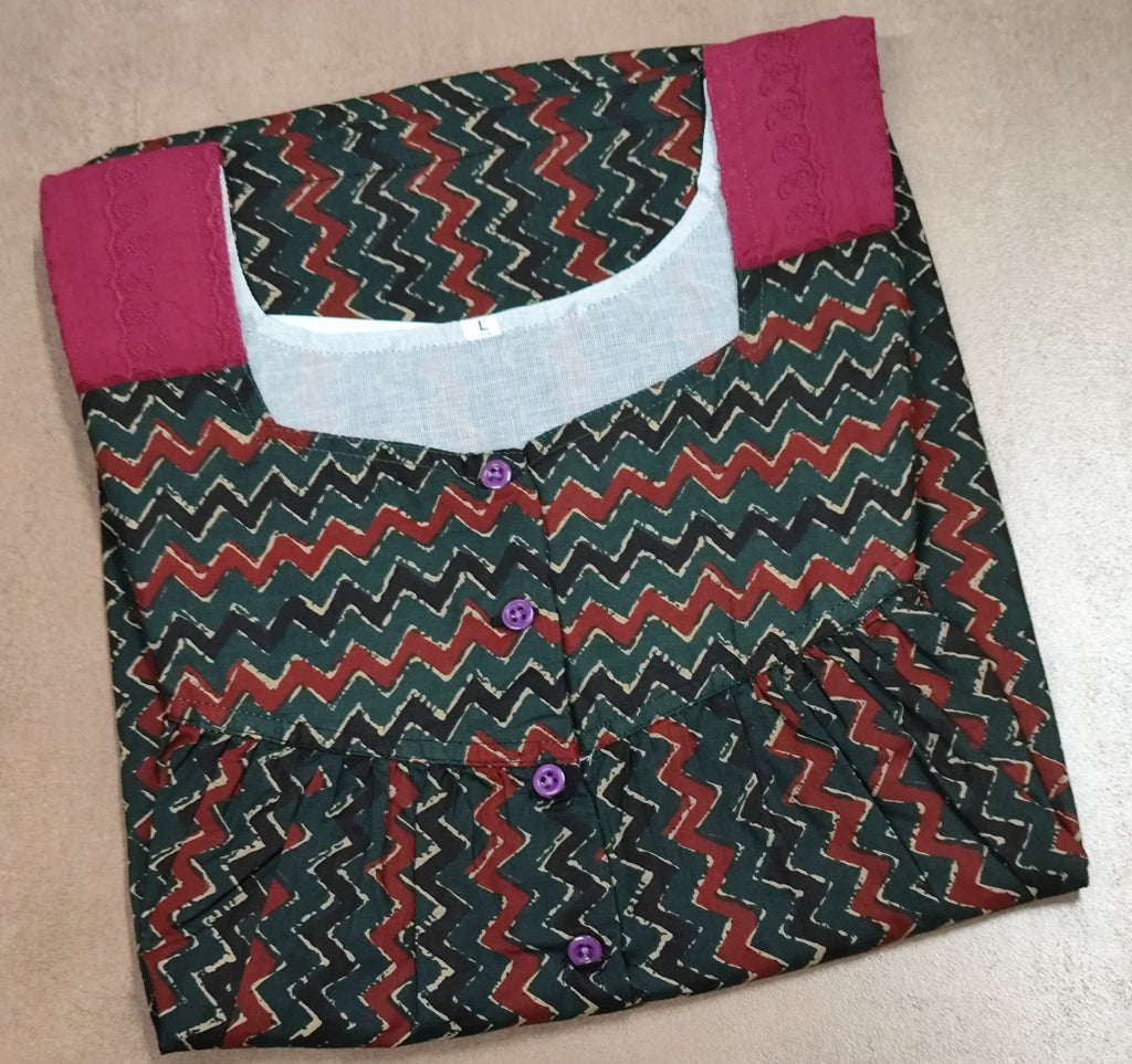 Cotton Pleated, With Pockets, Half Open Large Printed Nighty
