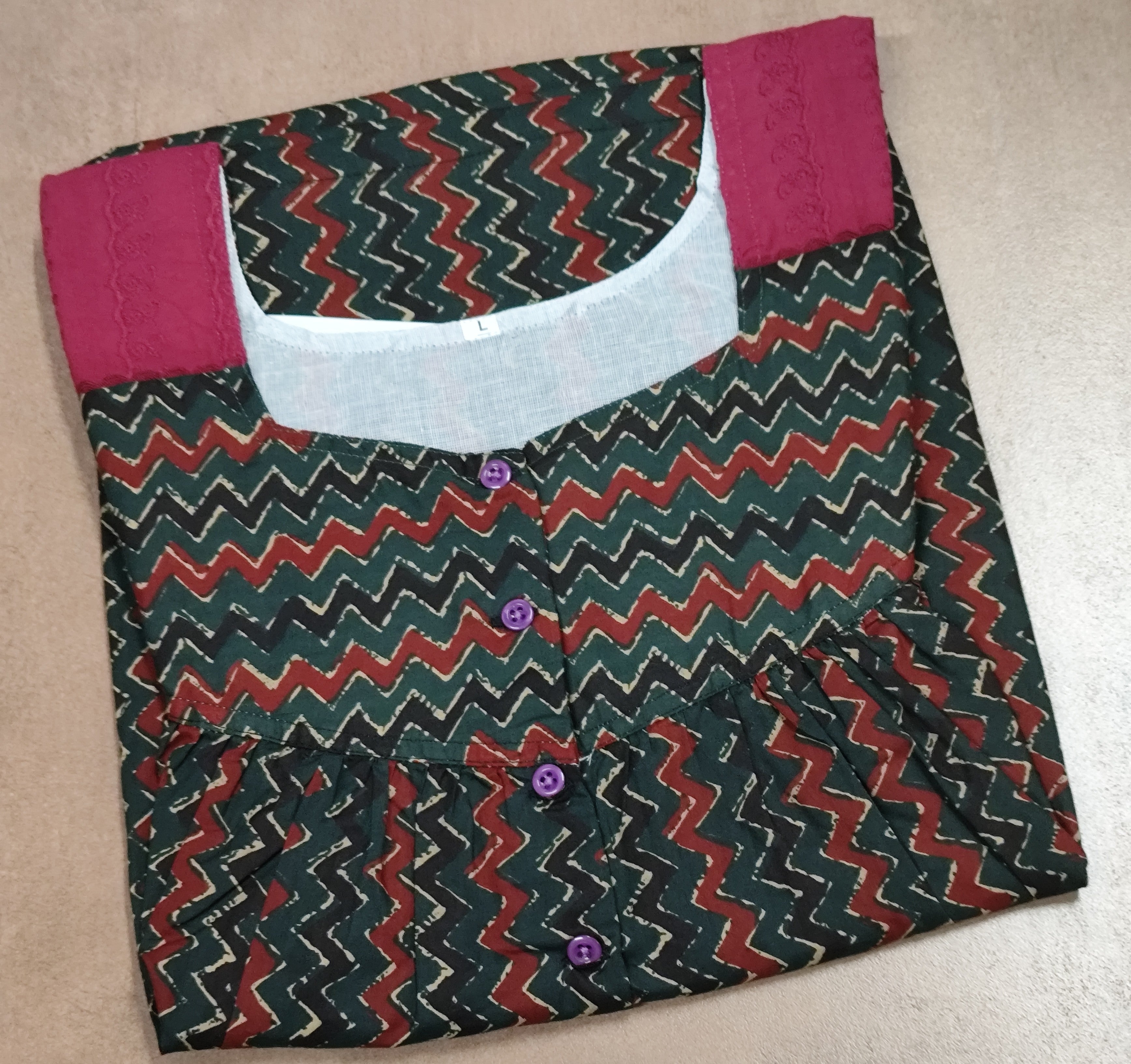 Cotton Pleated, With Pockets, Half Open Large Printed Nighty