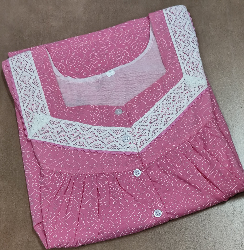 Cotton Pleated, With Pockets, Half Open Large Printed Nighty