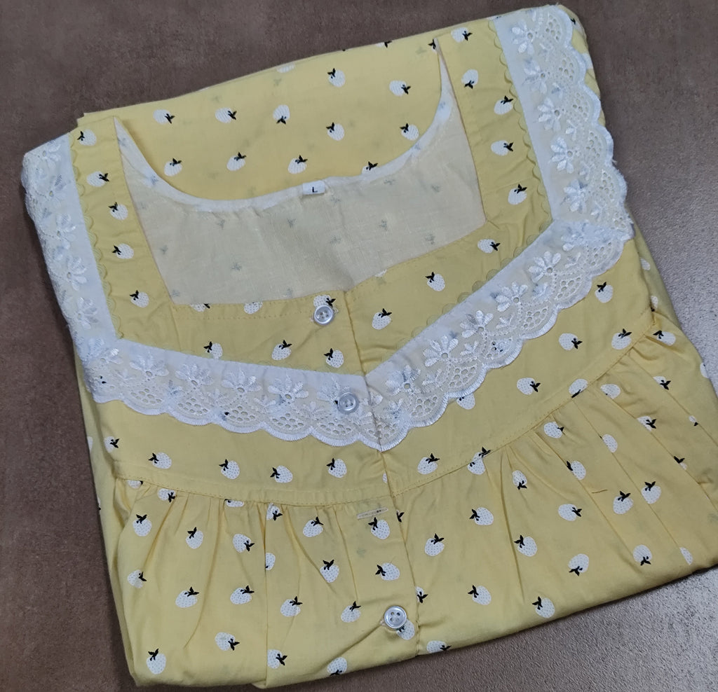 Cotton Pleated, With Pockets, Half Open Large Printed Nighty
