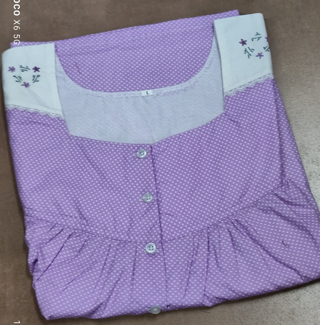 Cotton Pleated, With Pockets, Half Open Large Printed Nighty