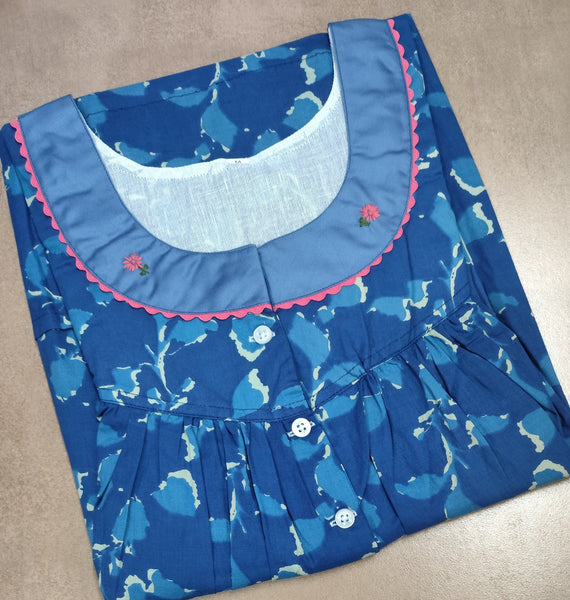 Cotton Pleated, With Pockets, Half Open Medium Printed Nighty