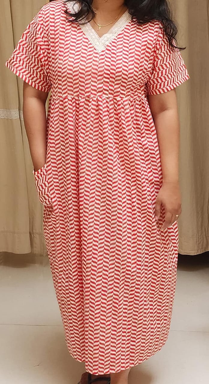 Bantex Pleated, With Pockets, Back A-line, Side elastic Medium Printed Frock Nighty