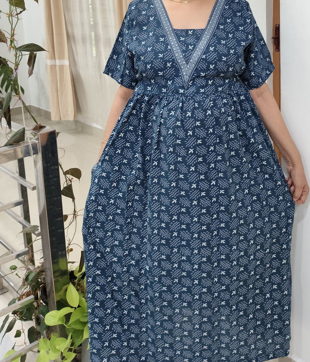 Cotton Pockets, Back A-line, A-line churidar cut, Side elastic Medium Printed Frock Nighty With 48 inch length