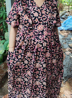 Cotton Pockets, Back A-line, Side elastic Medium Printed Frock Nighty With 48 inch length