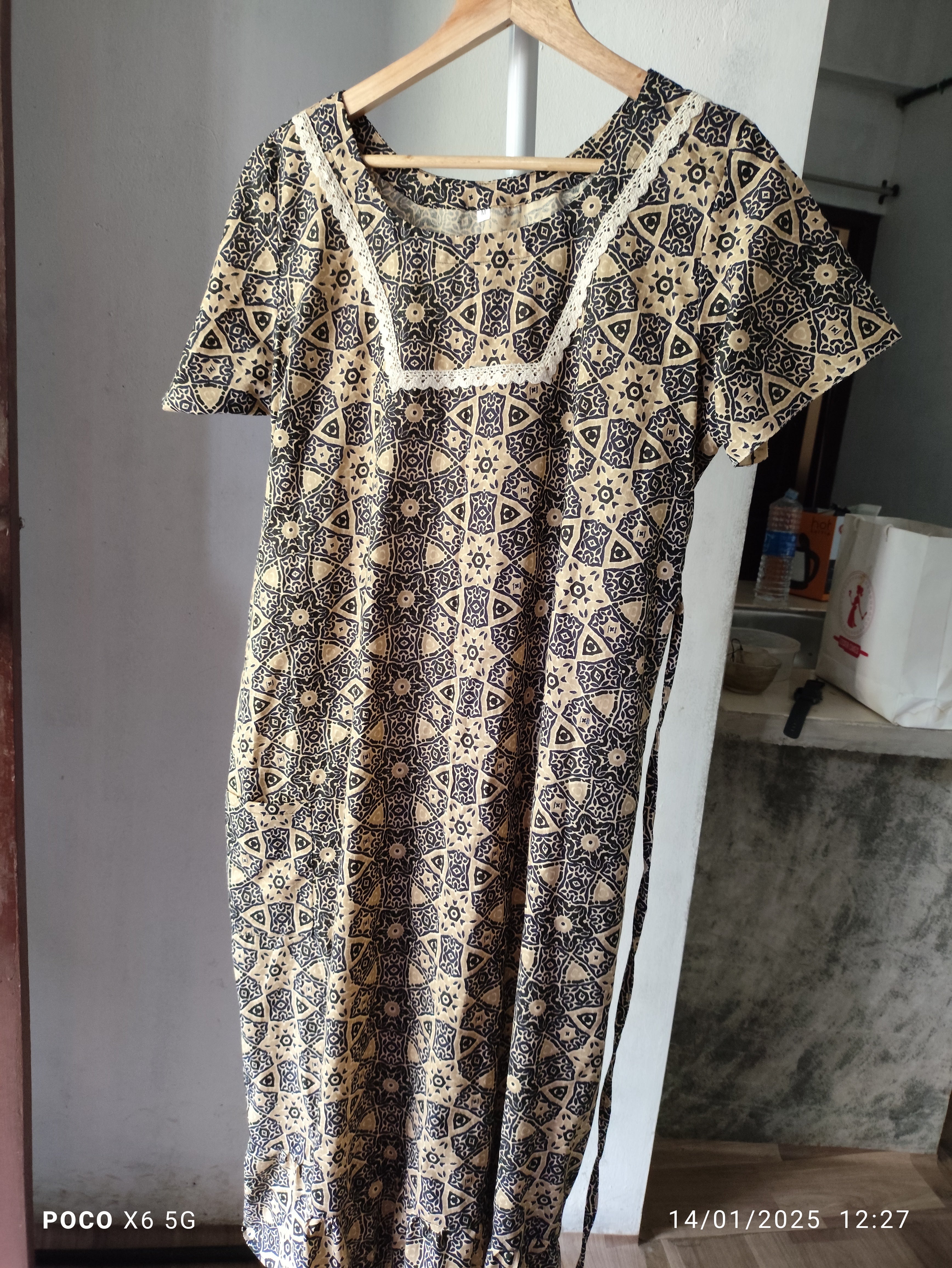 Cotton Tying String, A-line churidar cut Medium Printed Frock Nighty