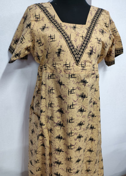 Soft Cotton Pockets, Back A-line, A-line churidar cut, Side elastic Large Printed Frock Nighty With 48 inch length