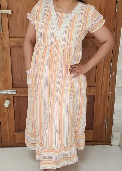 Cotton Pleated, With Pockets, Back A-line Large Printed Frock Nighty