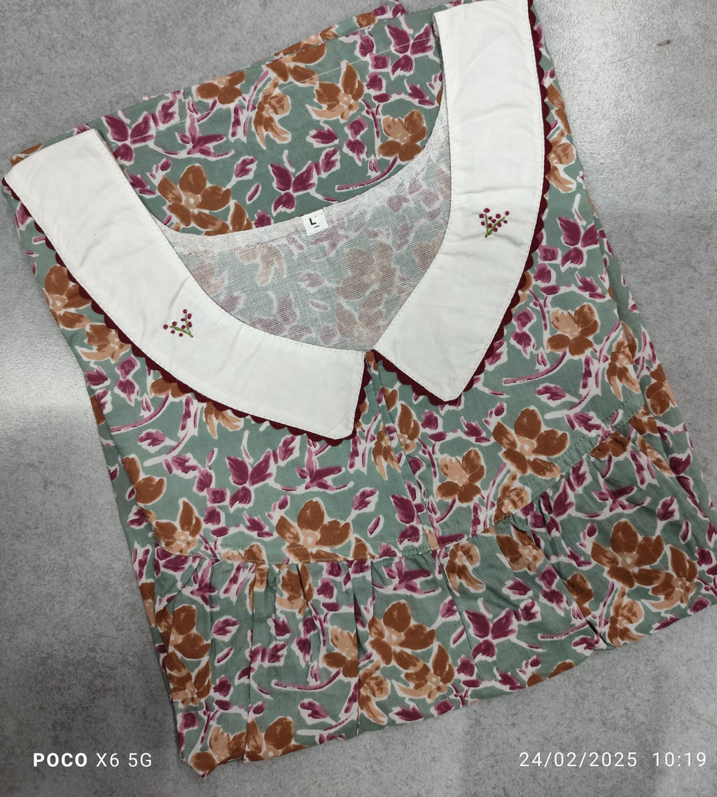 Soft Cotton Pleated, With Pockets, No Open Large Printed Nighty