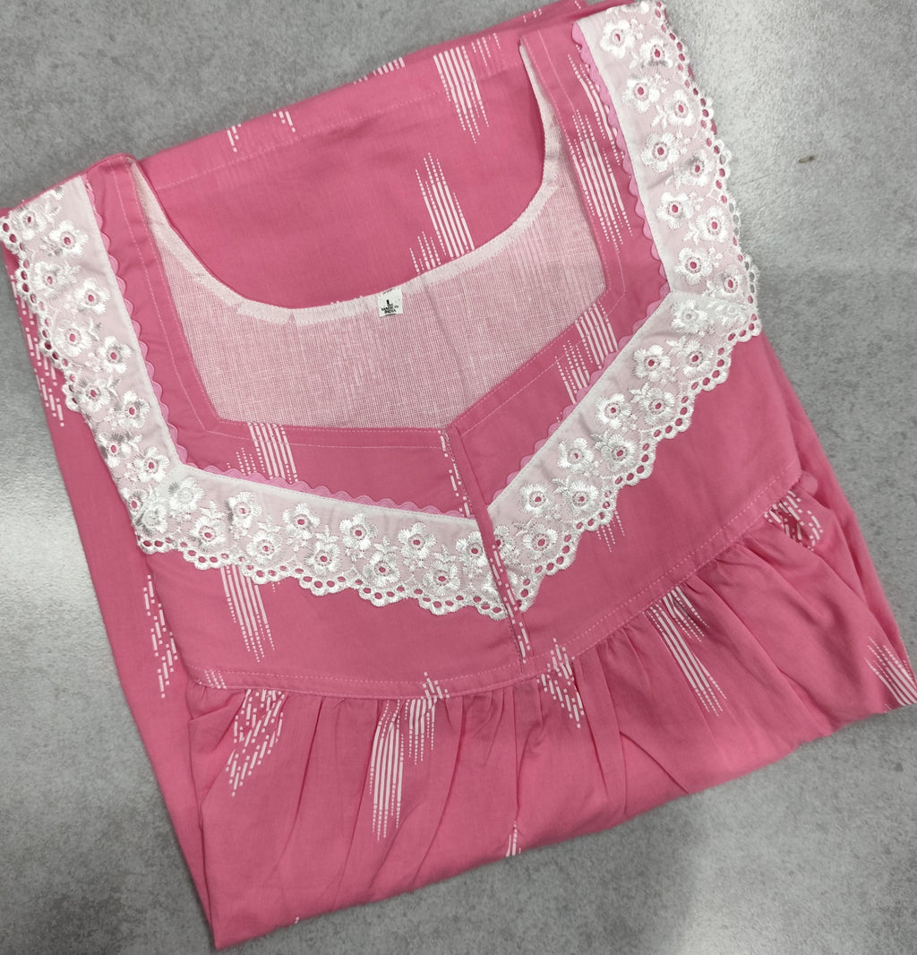 Soft Cotton Pleated, With Pockets, No Open Large Printed Nighty