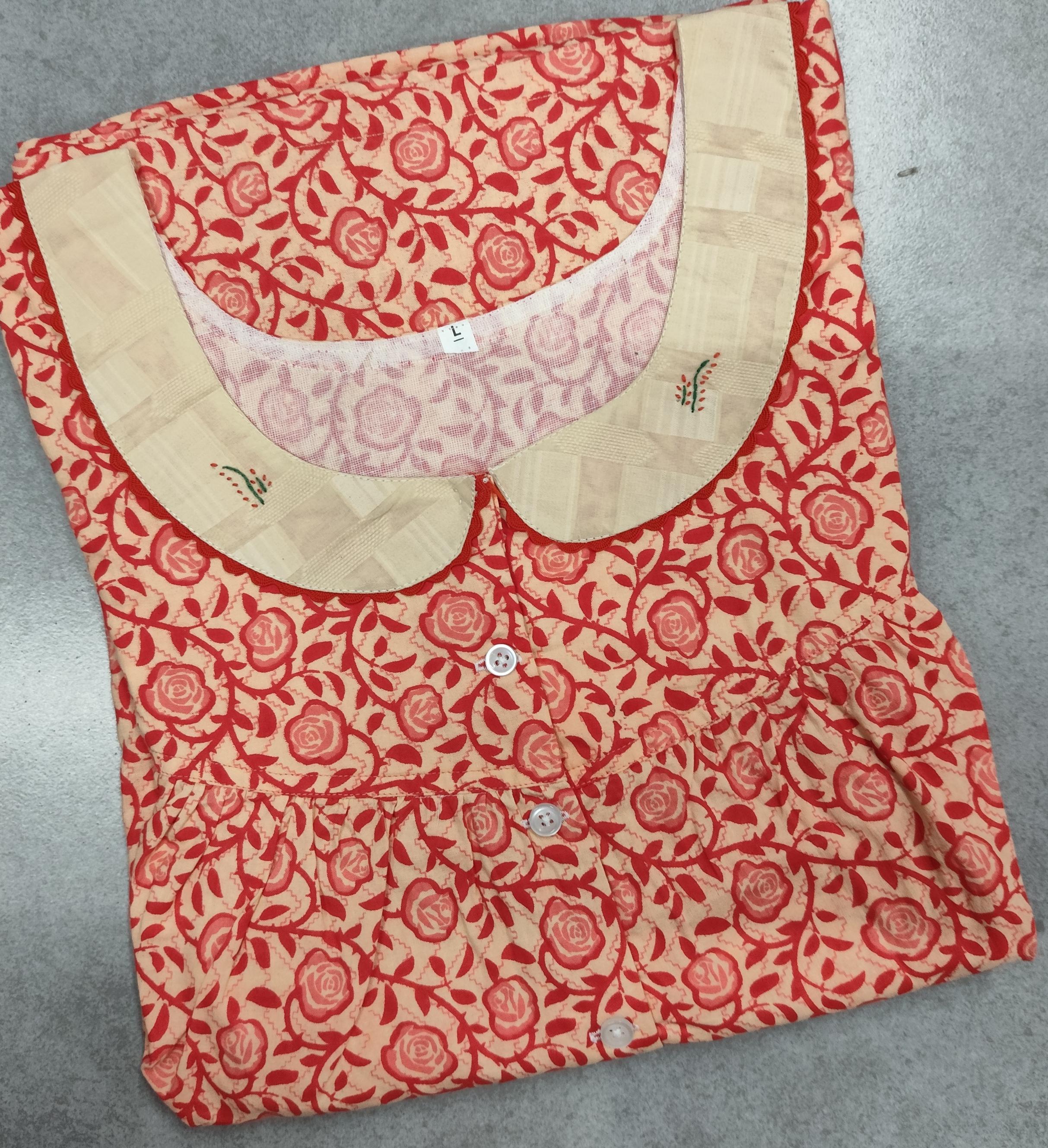 Cotton Pleated, With Pockets, Half Open Large Printed Nighty