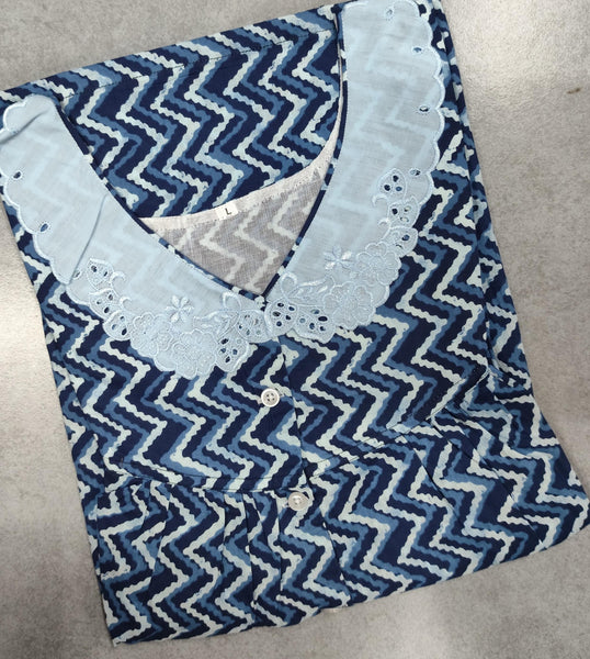 Soft Cotton Pleated, With Pockets, Half Open Large Printed Nighty