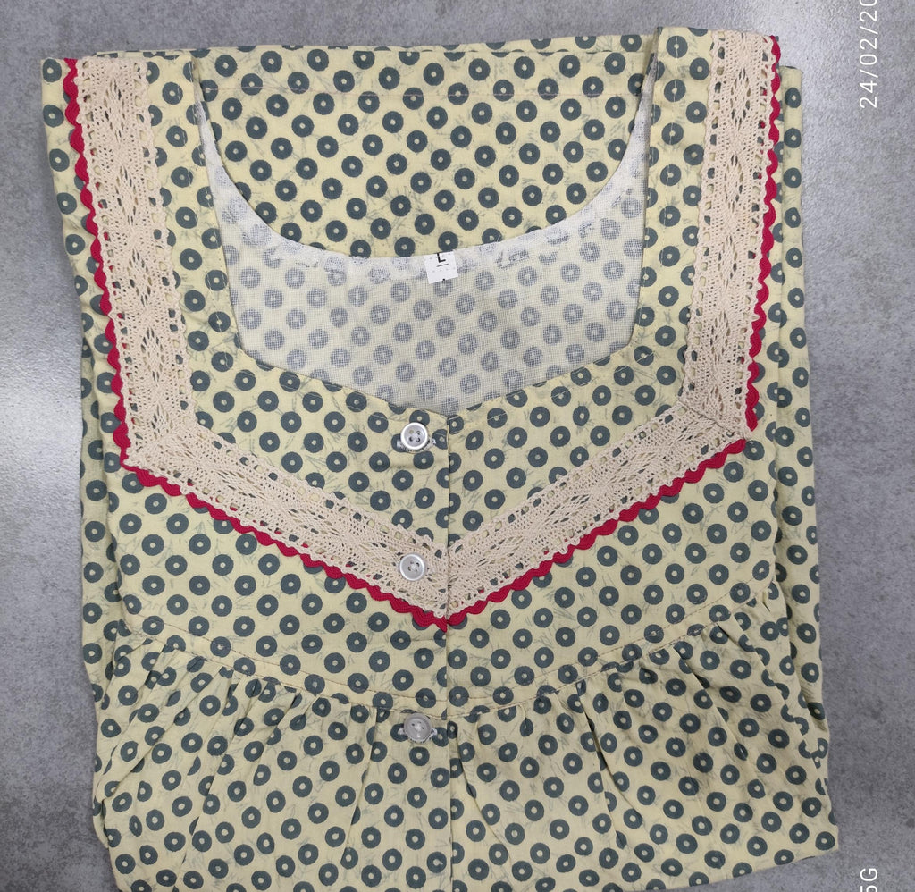 Cotton Pleated, With Pockets, Half Open Large Printed Nighty