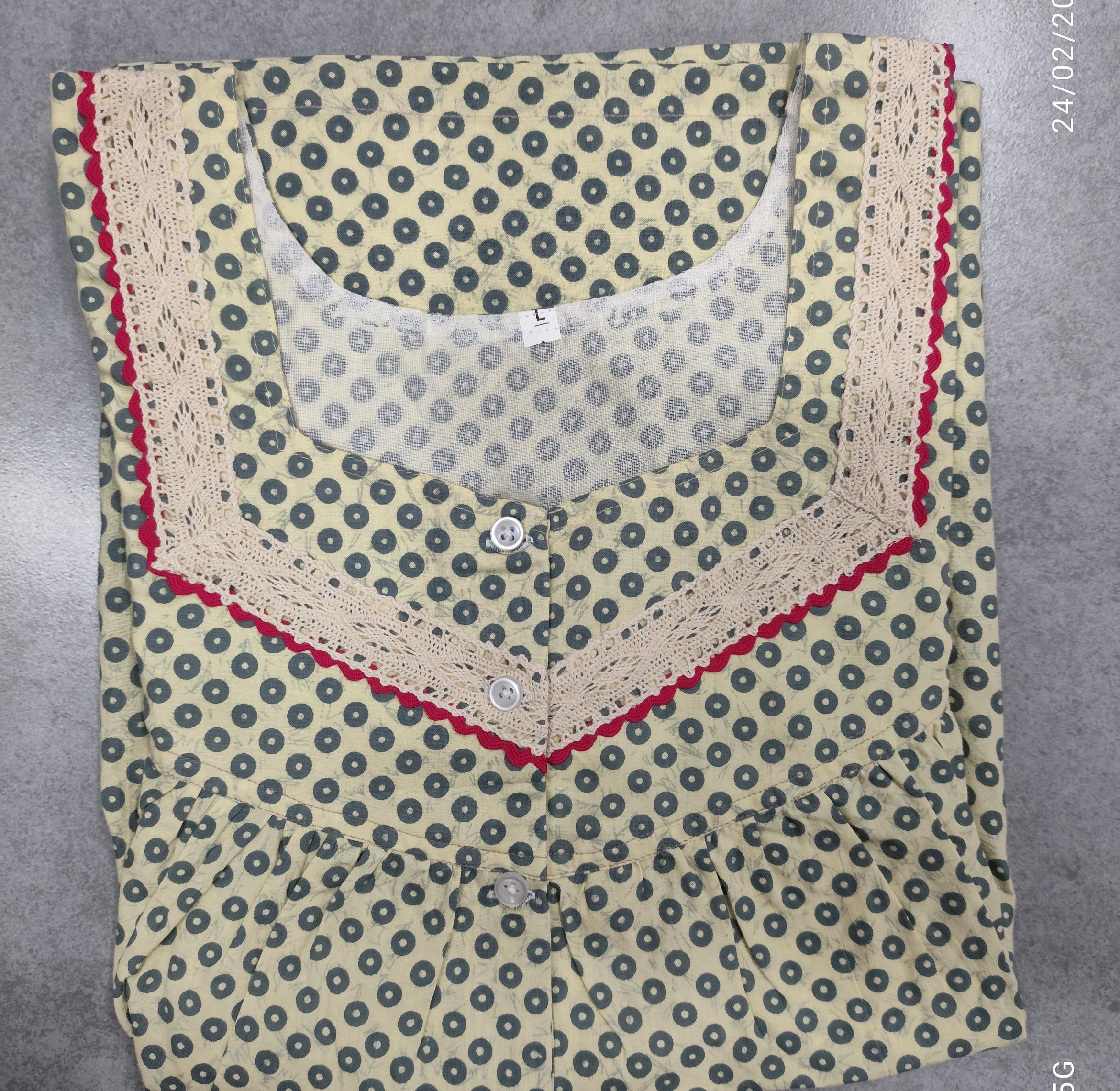 Cotton Pleated, With Pockets, Half Open Large Printed Nighty