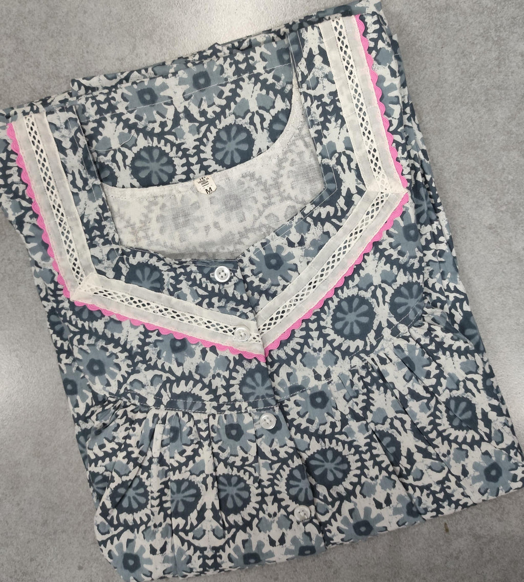 Cotton Pleated, With Pockets, Half Open Medium Printed Nighty