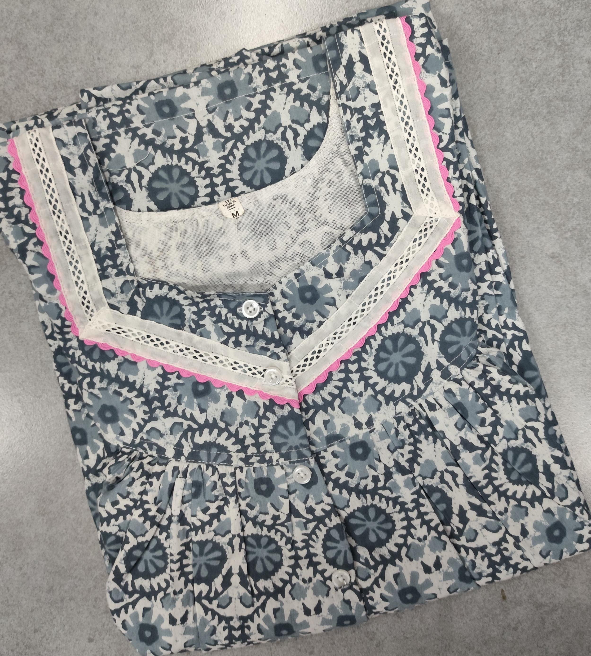 Cotton Pleated, With Pockets, Half Open Medium Printed Nighty